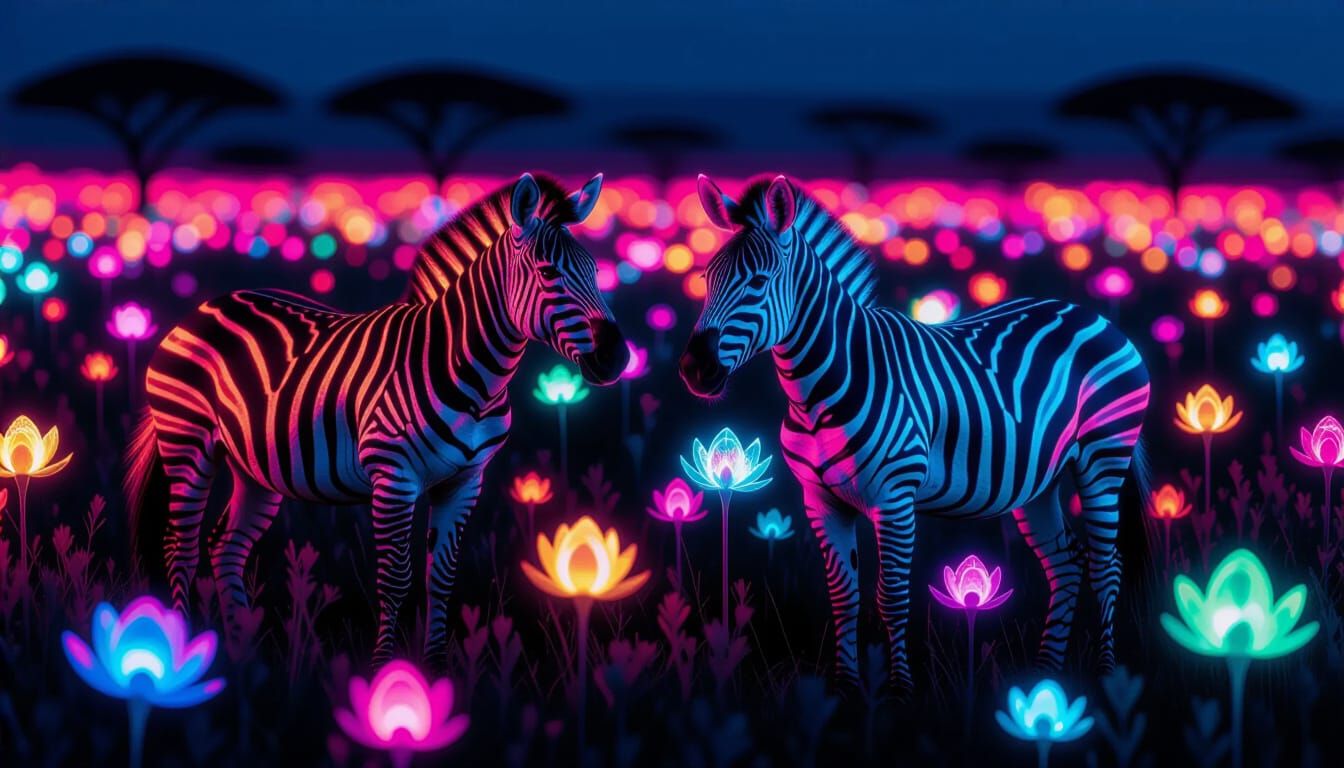 Surreal Zebras in Bioluminescent Alien Meadow