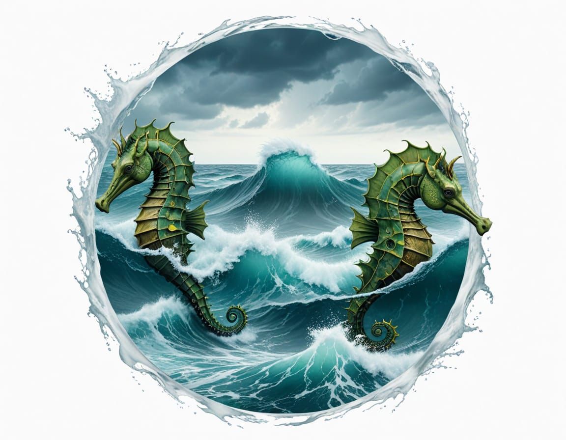 Surreal Giant Seahorse on Stormy Seas