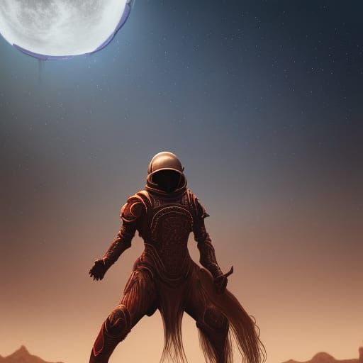 Alien Cowboy in Desert with Blood Moon