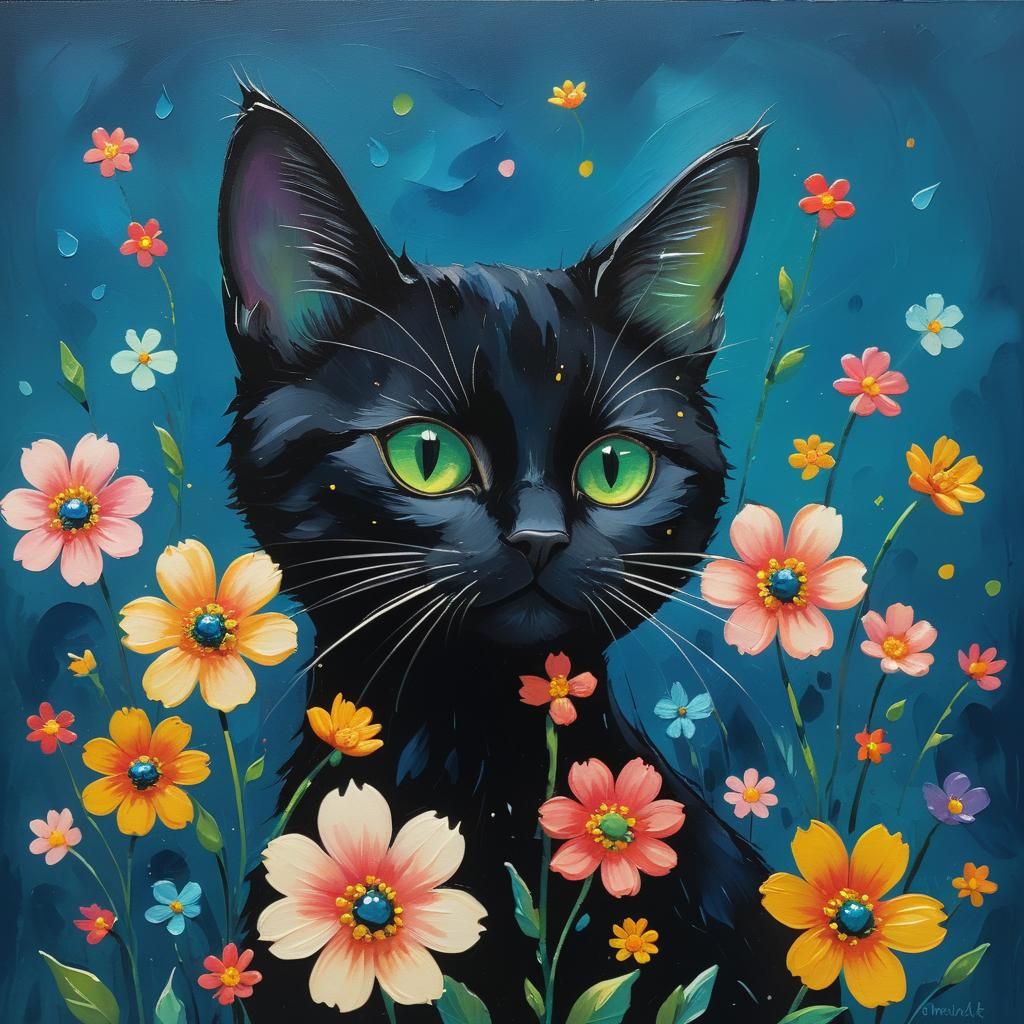 Whimsical Black Cat in Vibrant, Dreamlike Landscape