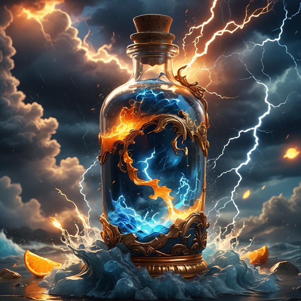 Glowing Potion Bottle with Stormy Weather System