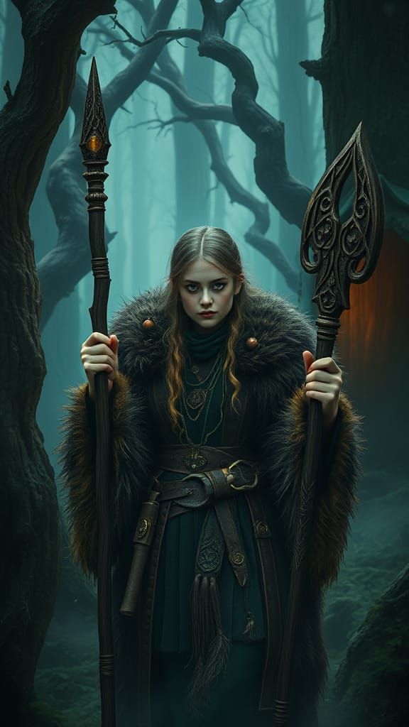 Viking Witch in Mystical Forest, Inspired by Art Nouveau