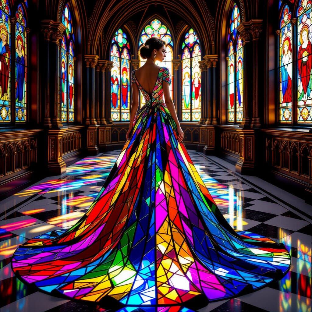 Majestic Stained Glass Gown Glowing in Sunlight