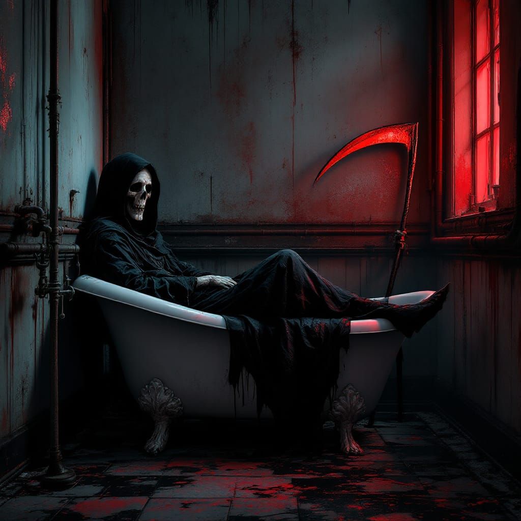 grim reaper bathing in bathtub, his scythe leaning against wall of bathroom