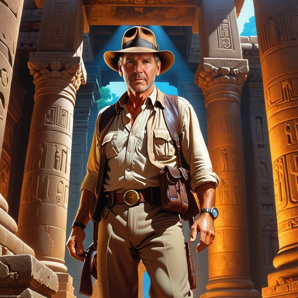 Indiana Jones in Ancient Temple, Hyperrealistic Cartoon