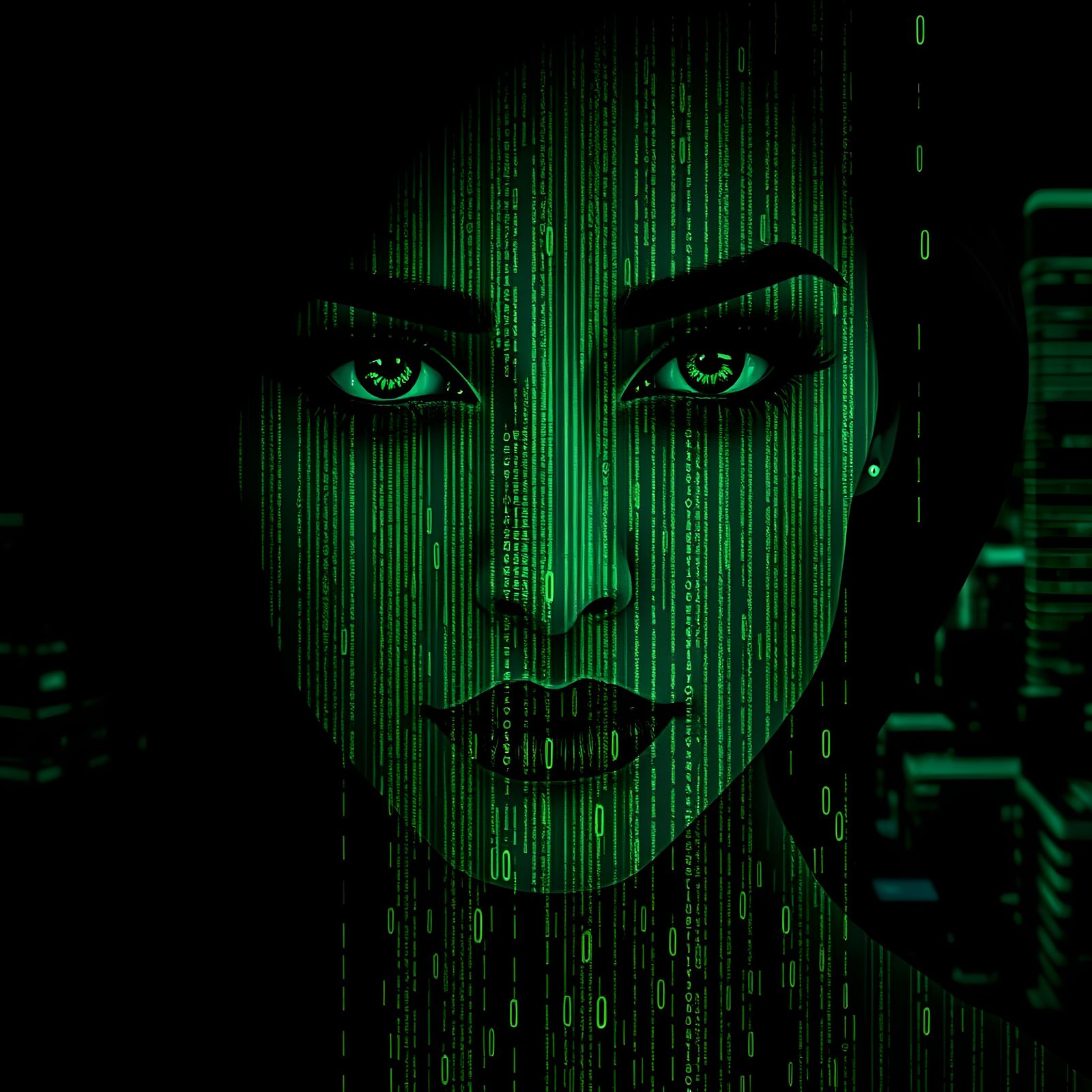 Double Exposure of Woman with Digital Rain Code