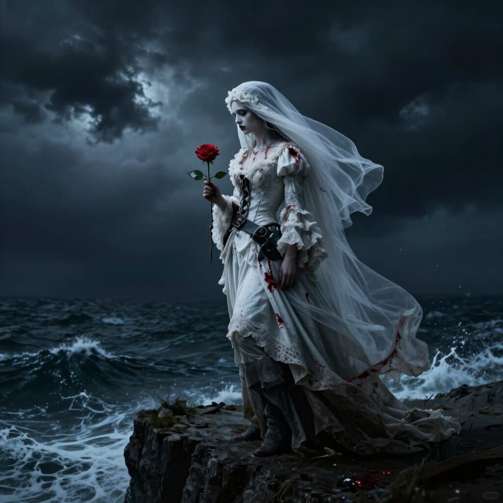 Pirate Bride on Stormy Cliff Overlooking Sea