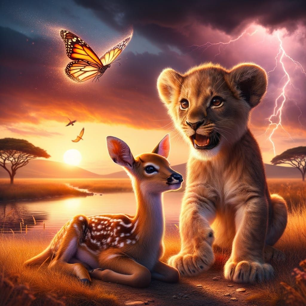 Lion Cub and Fawn Play by Lake at Sunset