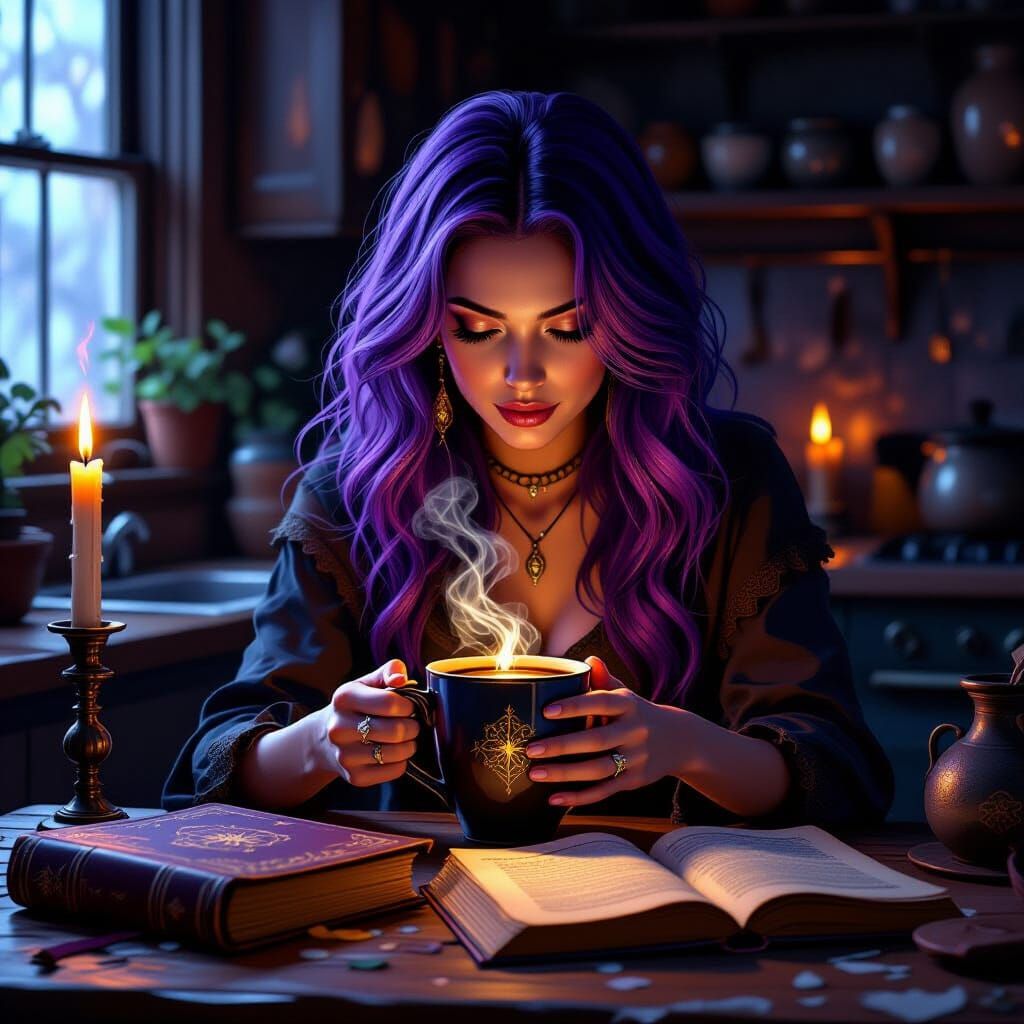 Modern Witch Brewing Coffee in Cozy Kitchen