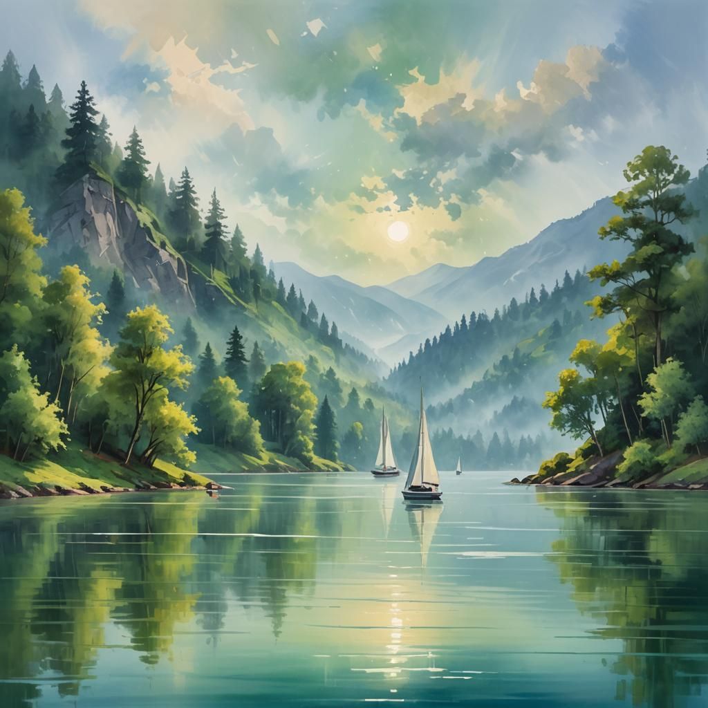 Impressionist Lake with Sailboats and Misty Atmosphere