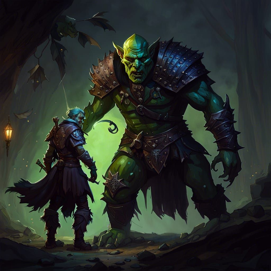Orc Knight Summons Weasel Familiar in Dark Fantasy Style