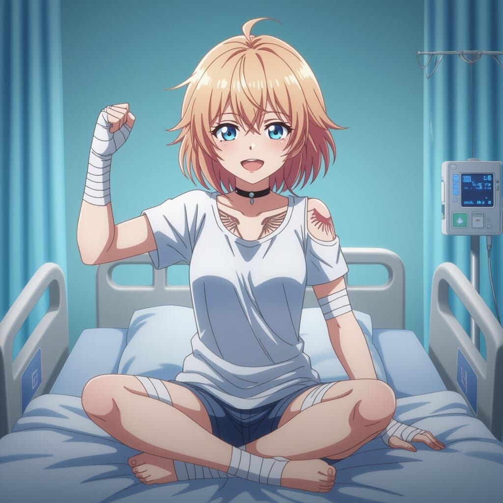 Anime Emo Girl in Hospital Bed, Studio Trigger Style
