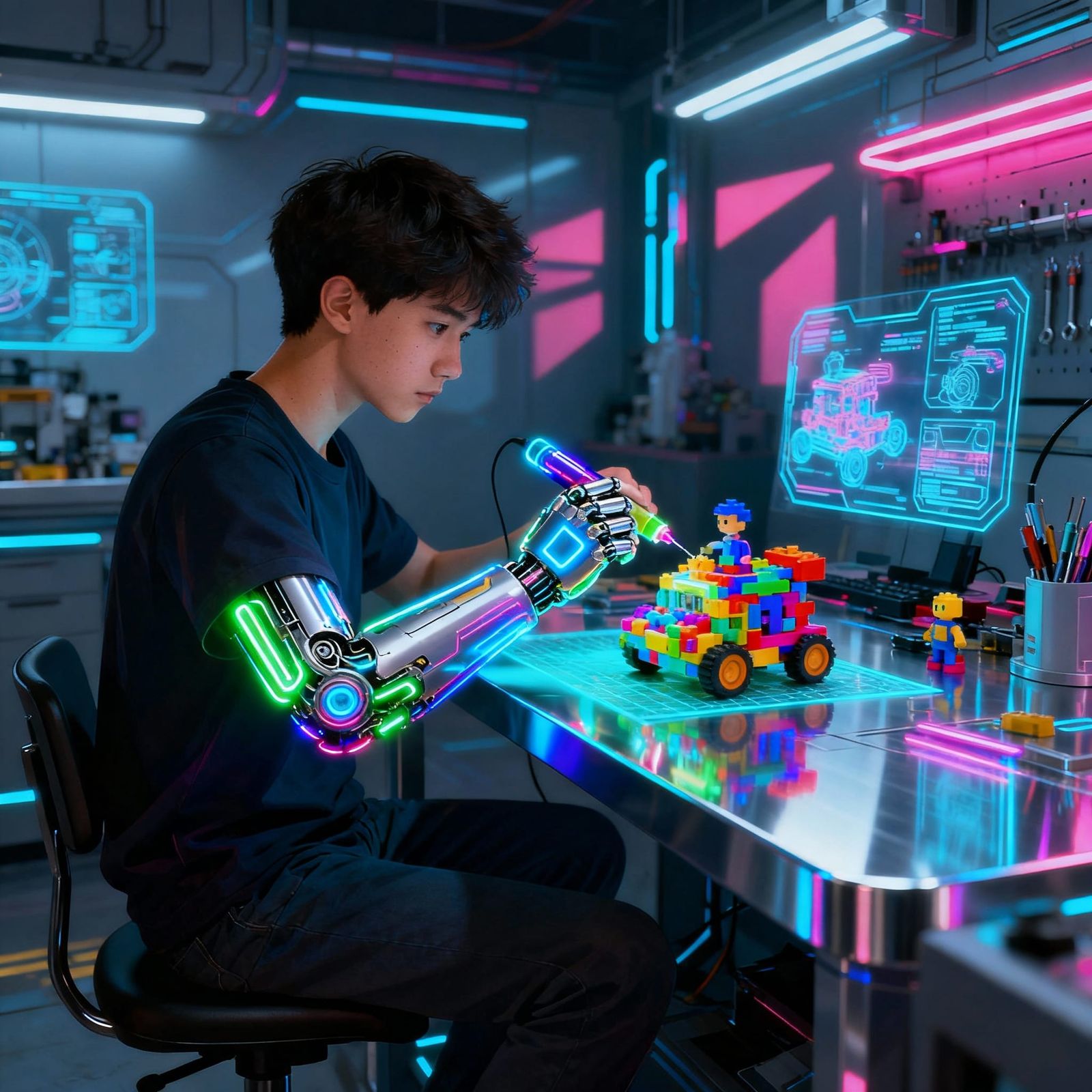 Futuristic Mechanic With Cybernetic Arm Repairs Toys