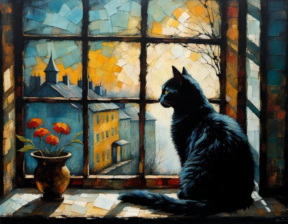 Cat Silhouette Encaustic Painting with Textured Elements