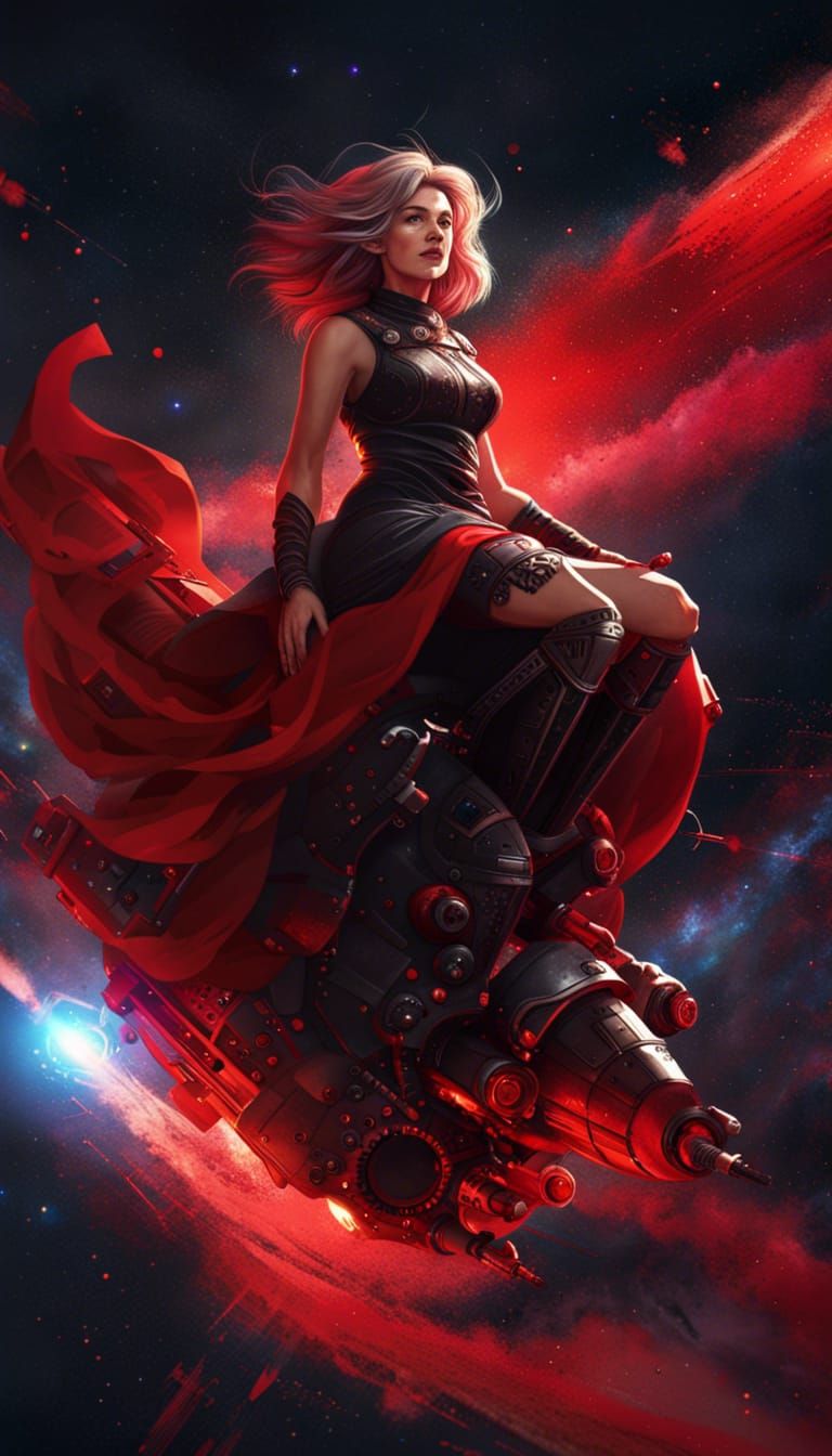 Woman Rides Rocket Through Galaxy in Digital Art