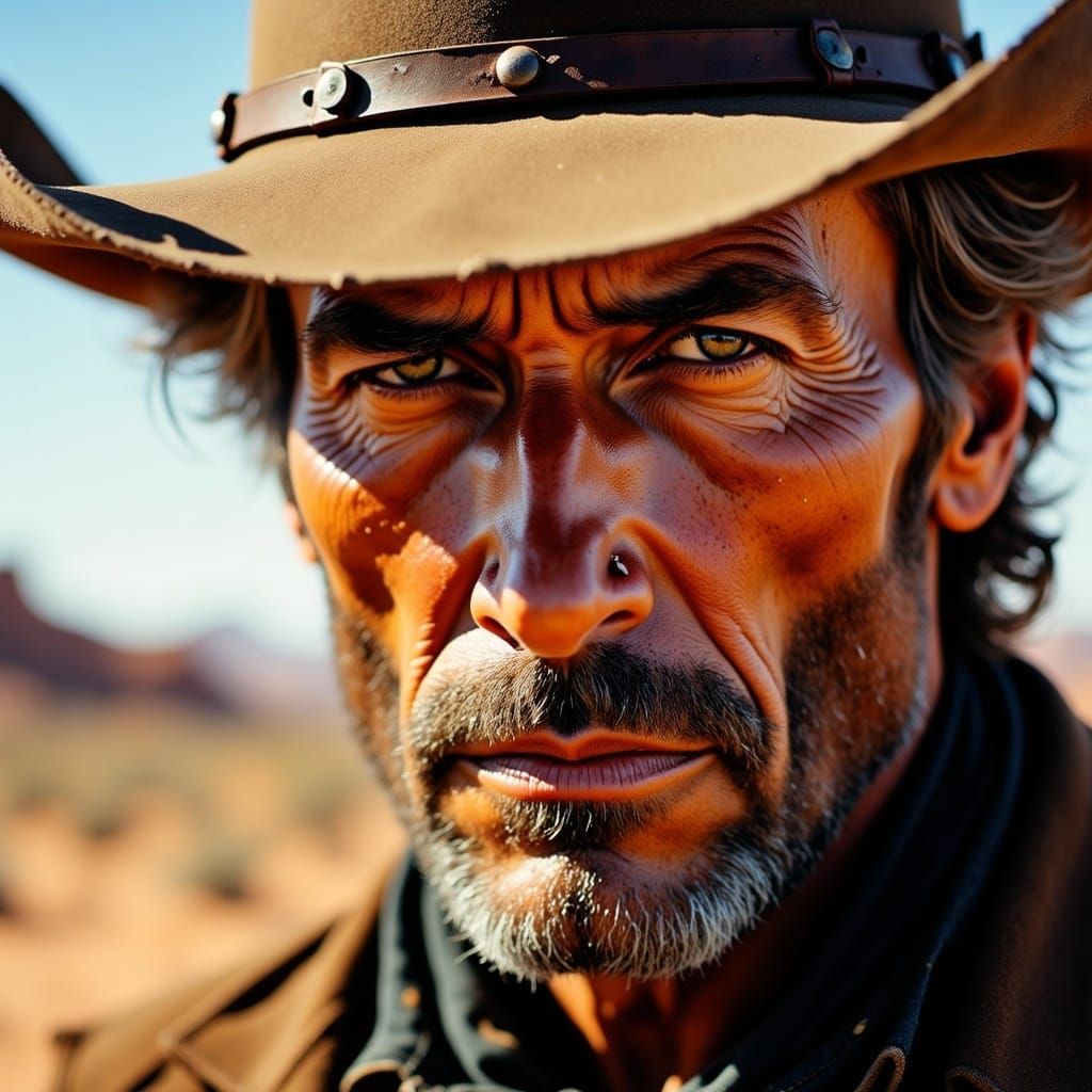 Intense Cowboy Close-Up in Spaghetti Western Style