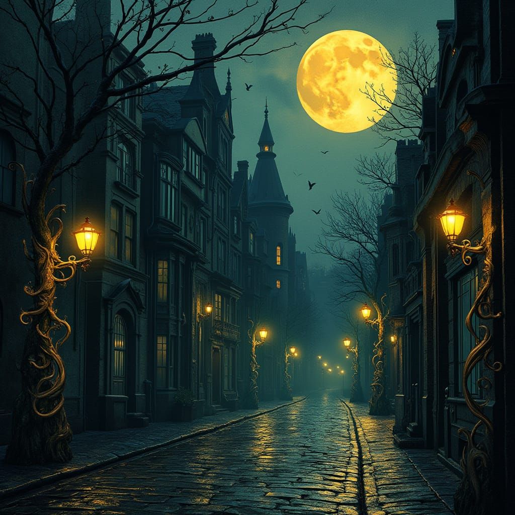Ethereal Cityscape in Dark Art Nouveau Style