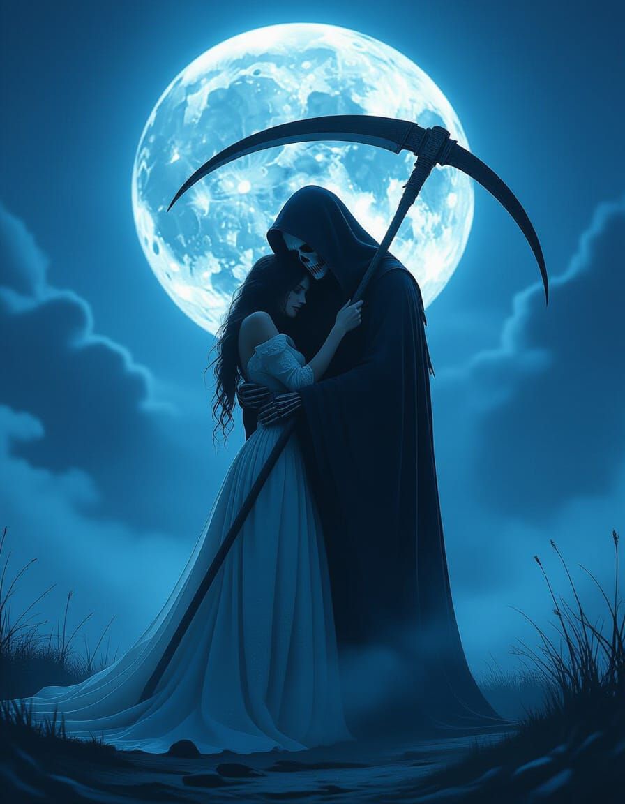 Gothic Embrace: Woman and Grim Reaper in Moonlit Scene