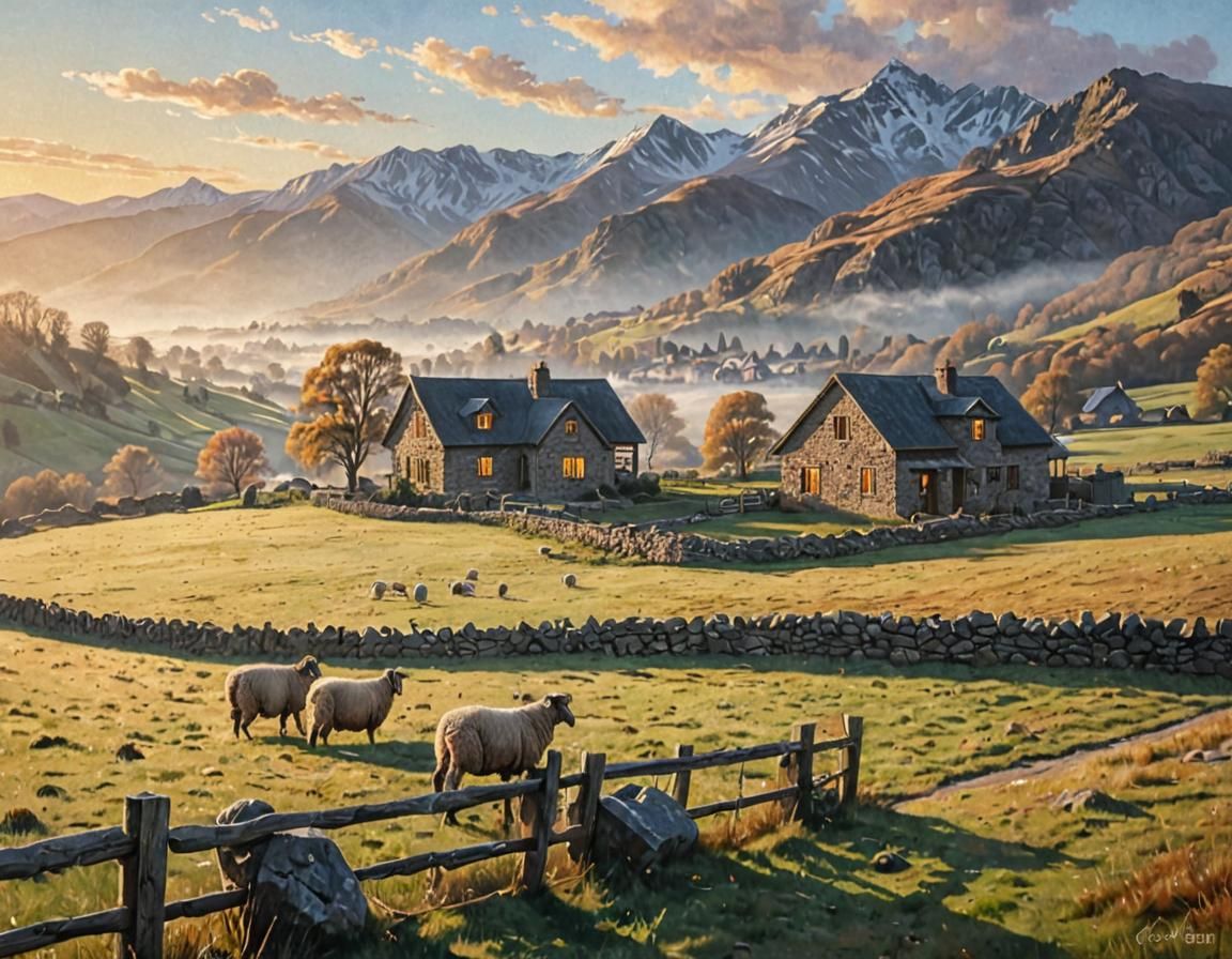 Mountain Sunrise: Rustic Houses in Acrylic Painting