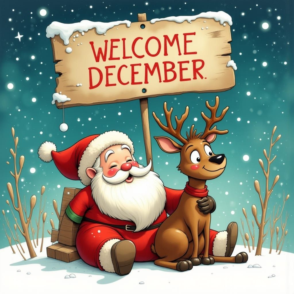 Whimsical Santa and Reindeer Welcome December