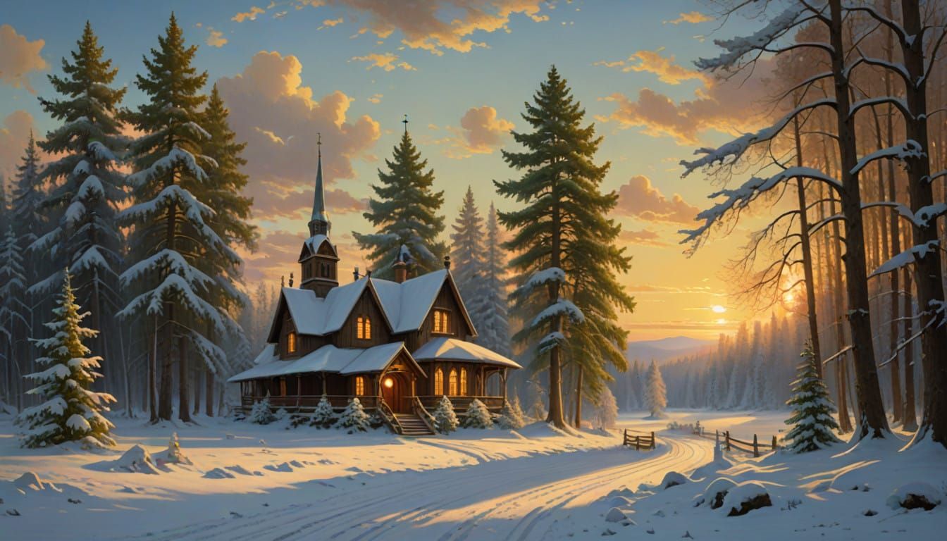 Surreal Country Church in Winter Wonderland with Heavenly Su...