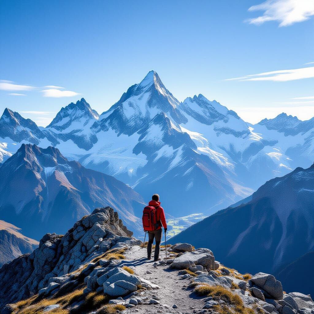 Lone Hiker in Swiss Alps: Cinematic Mountain Vista