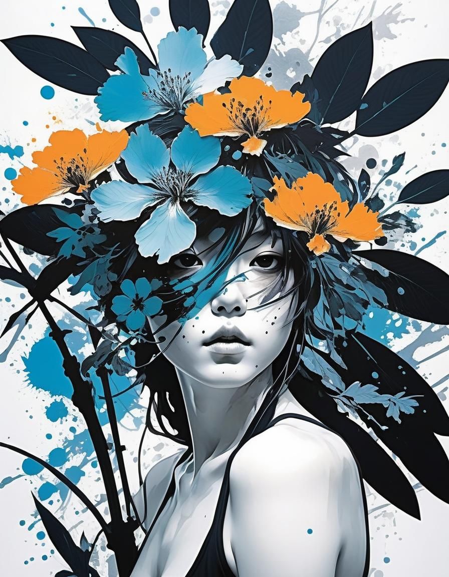 Pixel Art Ink Splashes with Botanical Elements