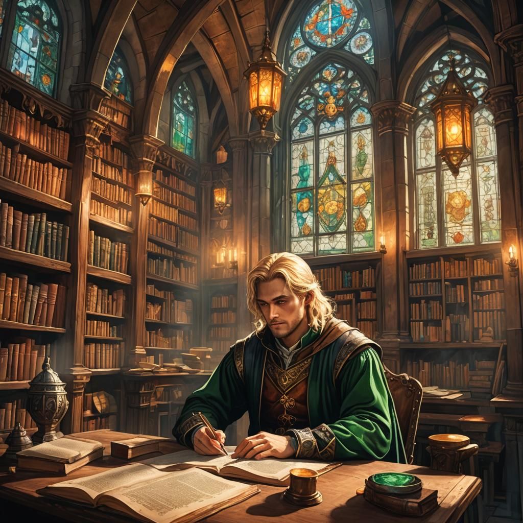 Medieval Poet in Library: Fantasy Concept Art