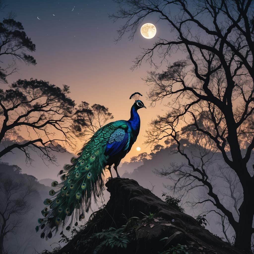 Peacock Silhouette Against Moonrise Over Forest