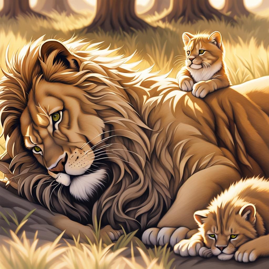 Lioness and Cubs: Detailed Charcoal Drawing of Savannah Life