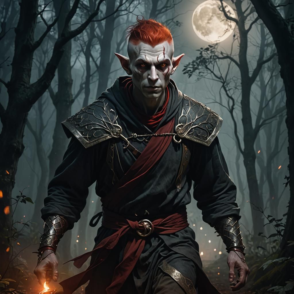 Sable Elf Monk in Misty Forest