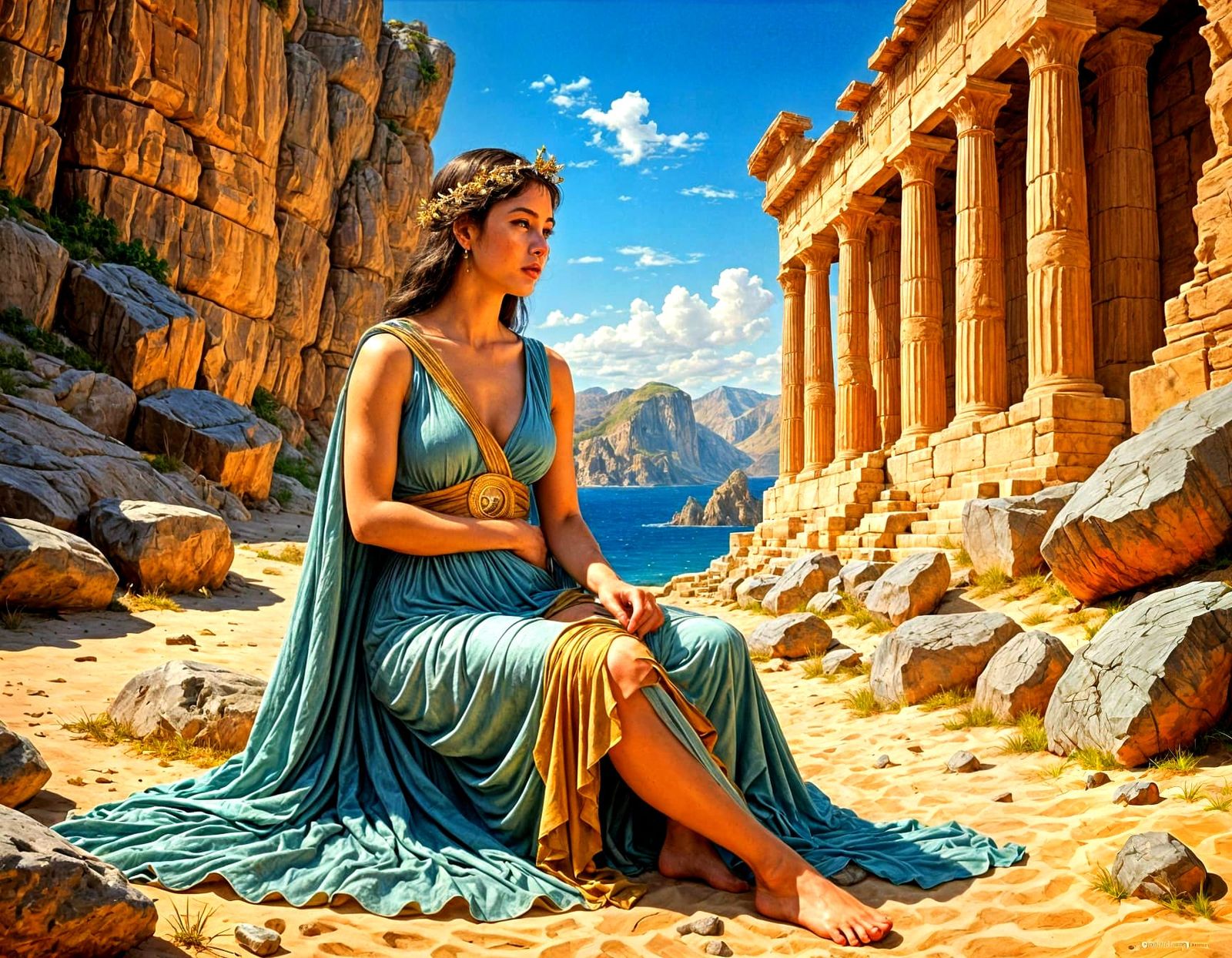 Ancient Greek Princess in Vibrant Fantasy Landscape