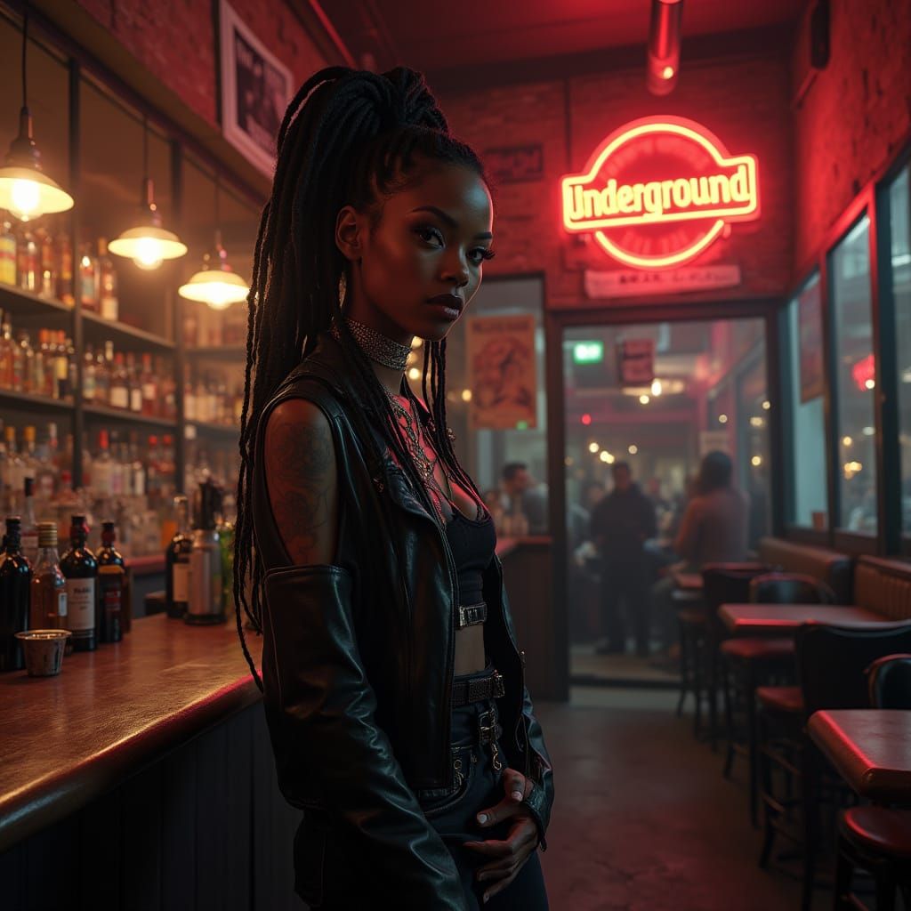 African American Woman With Braided Punk Hair in Nightclub