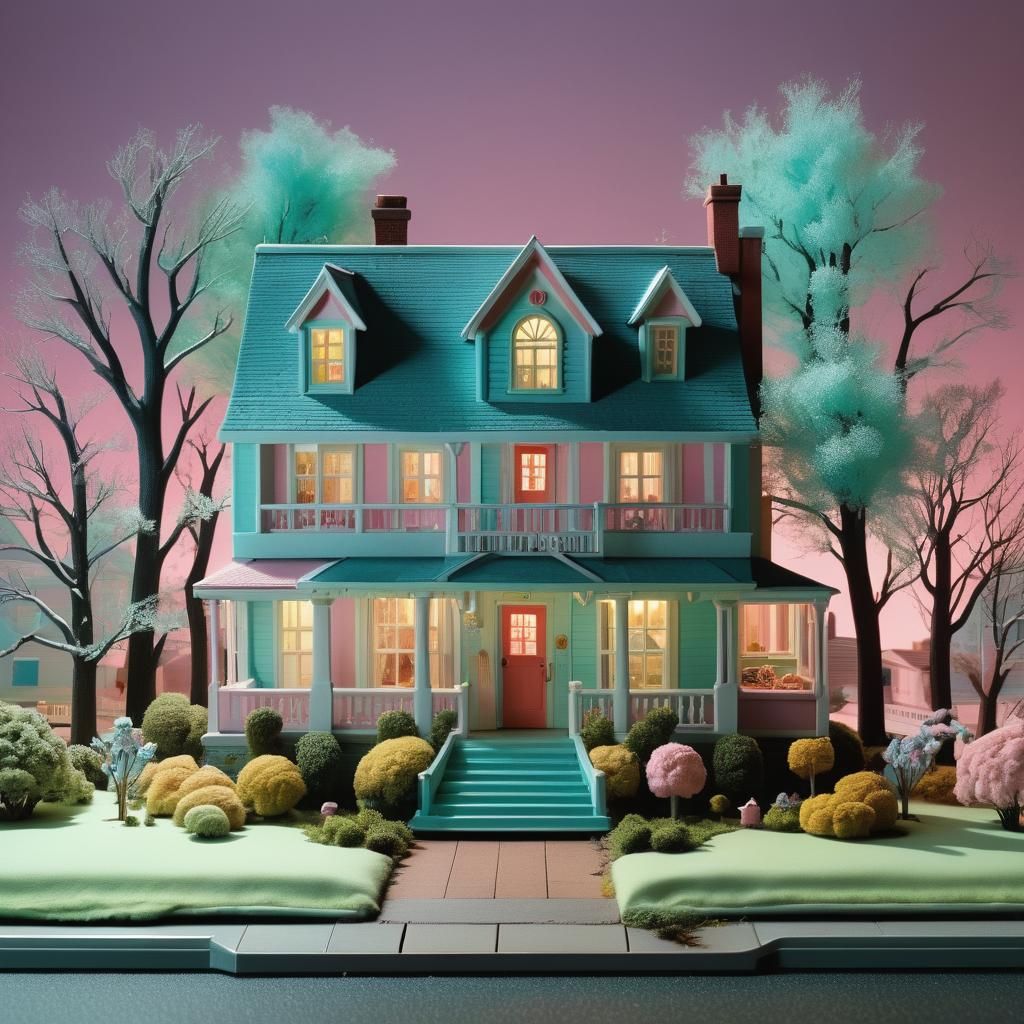 Eerie 1950s House Diorama in Wes Anderson Style
