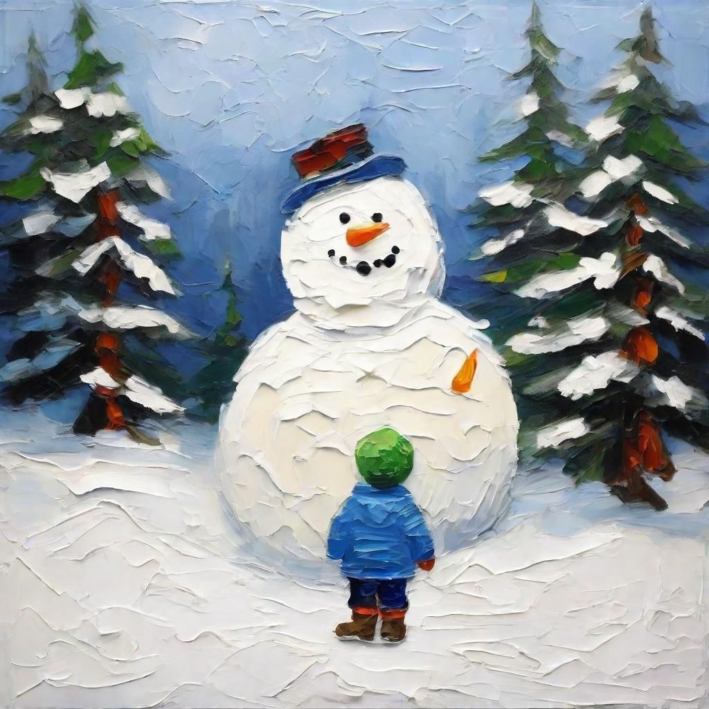 Snowman and Child in Winter, Impasto Painting