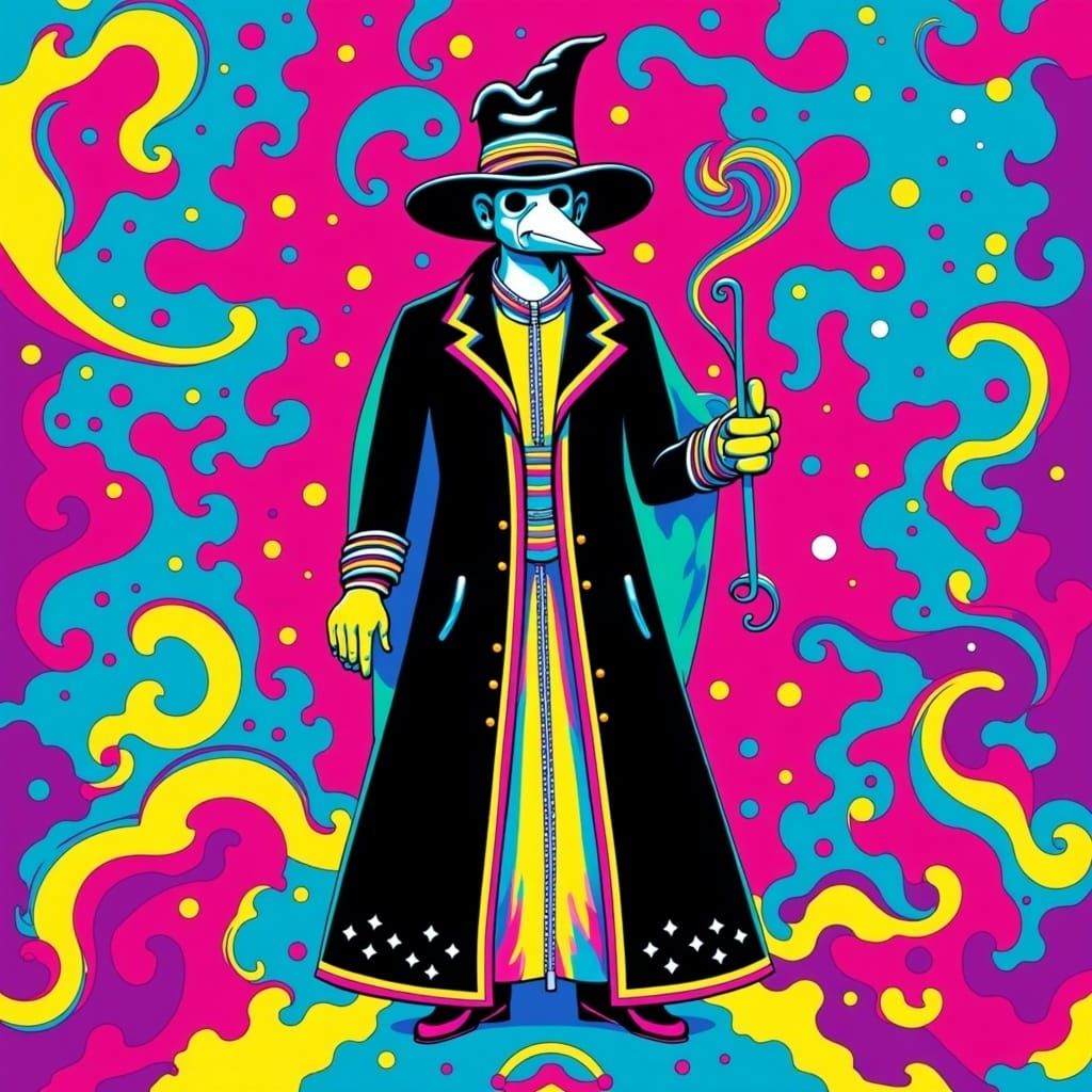 Vibrant 18th Century Plague Doctor in Bold Lisa Frank Style