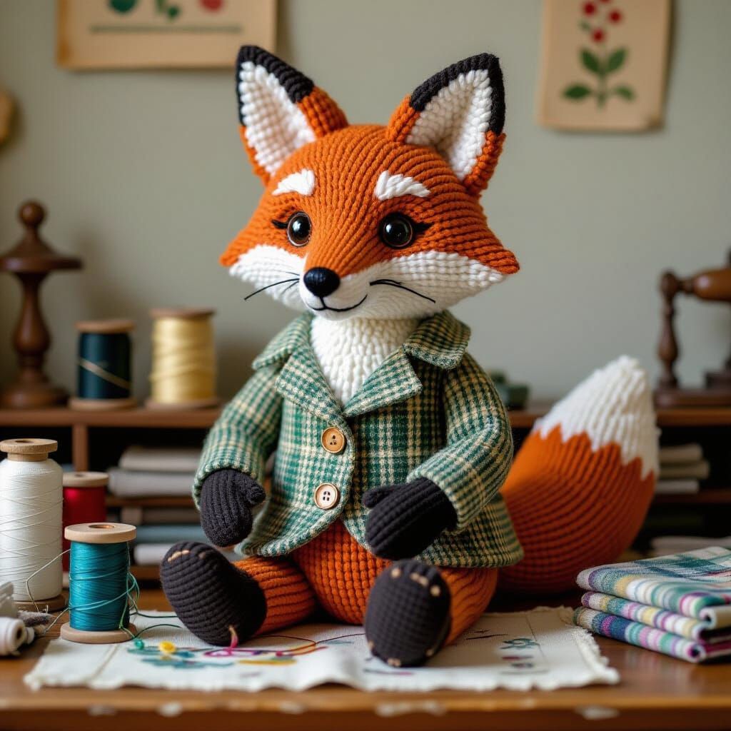 A clever fox made of woven tweed and corduroy patches, with ...
