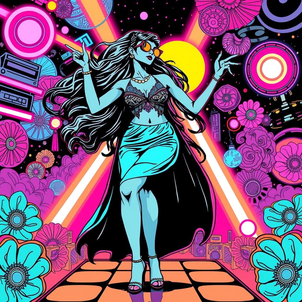 Psychedelic Woman Dancing in Synthwave Retro Style