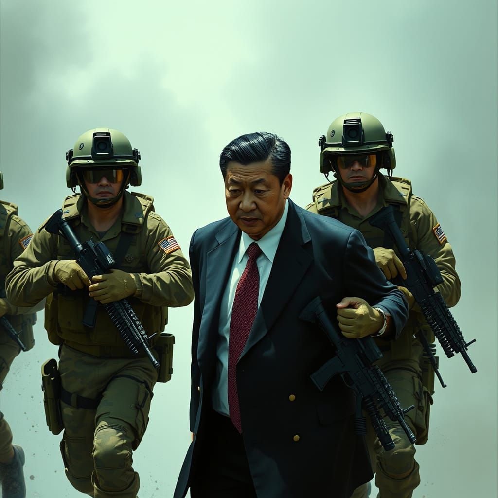 Marines Arrest Figure in Dystopian Cyberpunk Scene