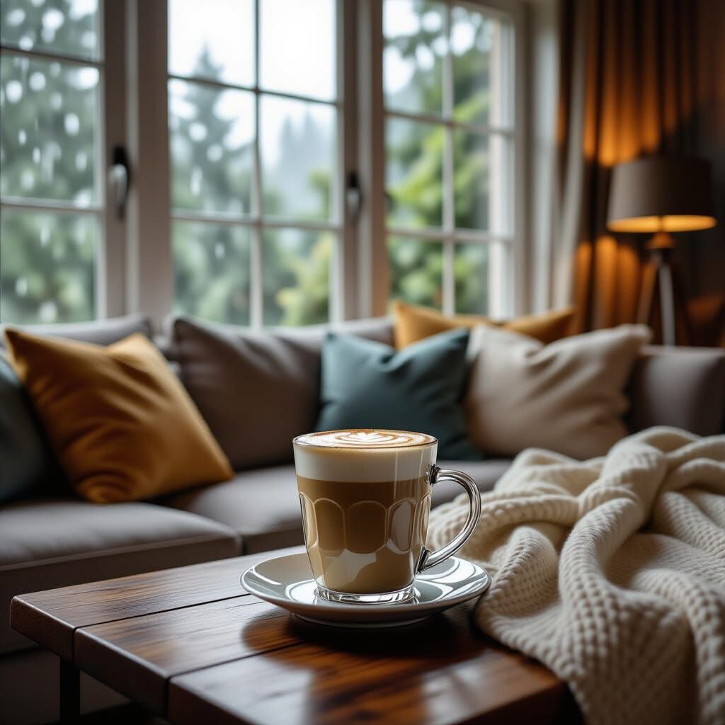 Cozy Rainy Day Latte in Photorealistic Style