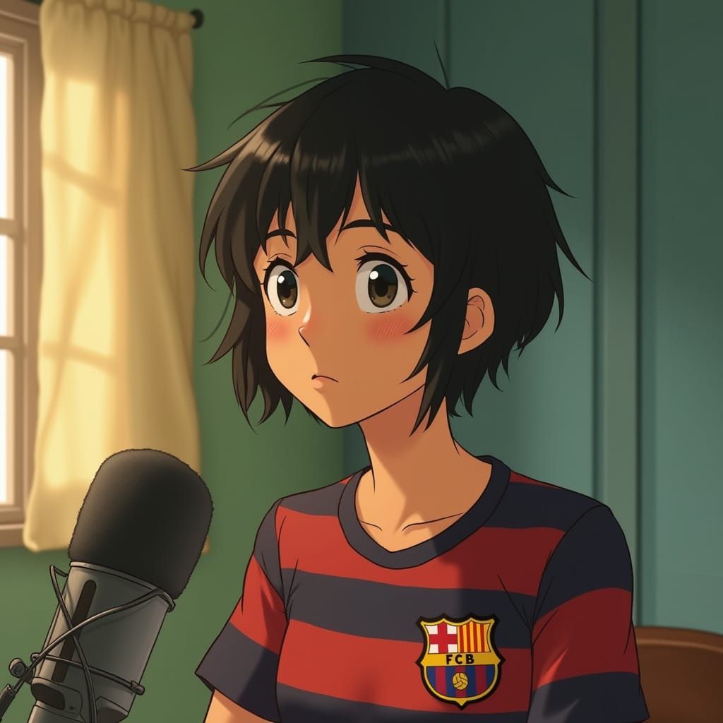 Woman in Studio Ghibli Style Sits Poised with Determined Exp...