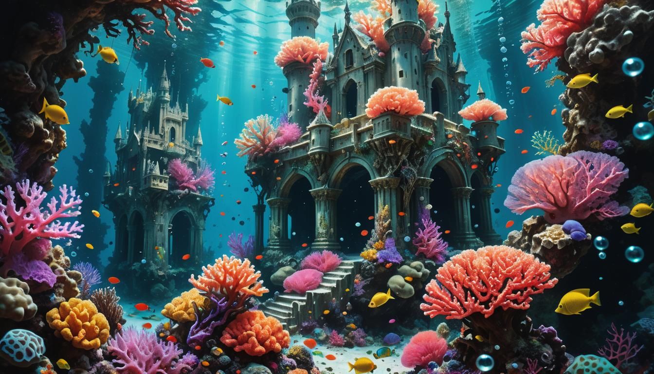 Underwater Coral Castle in a Neon Coral Forest