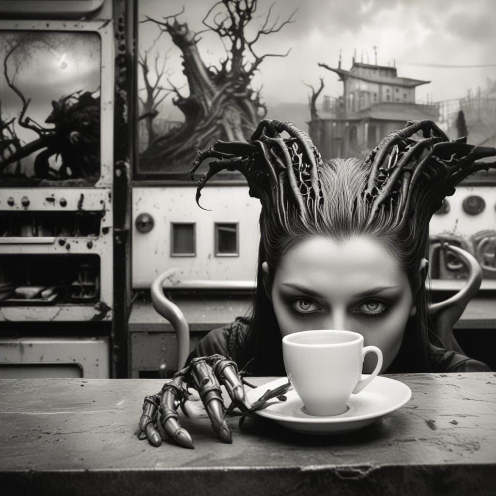 Goth Model in Surreal Coffee Shop