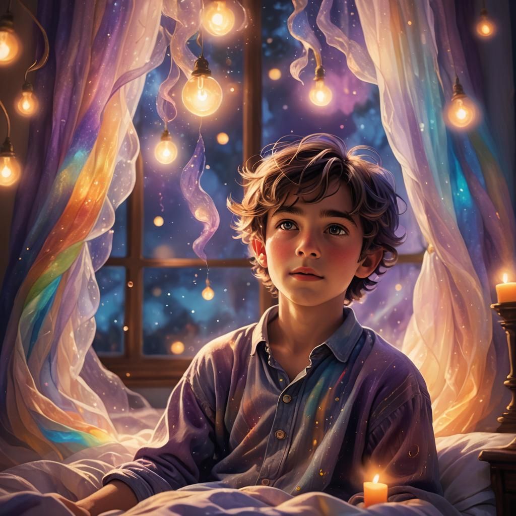 Whimsical Boy in Dreamscape at Dusk
