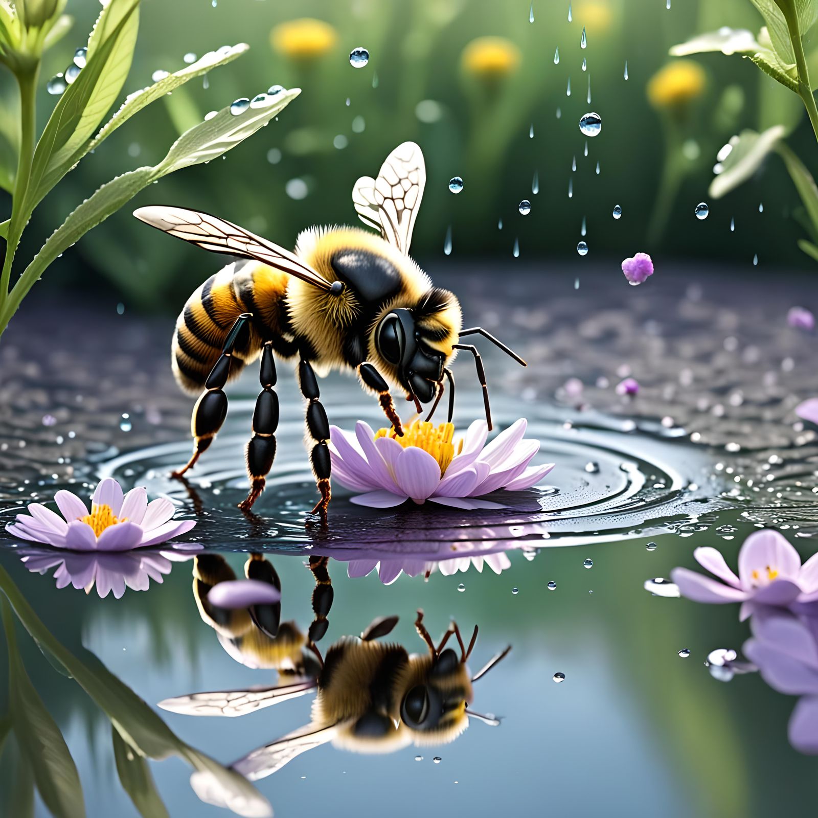 Bees Pollinating Flowers After Rain