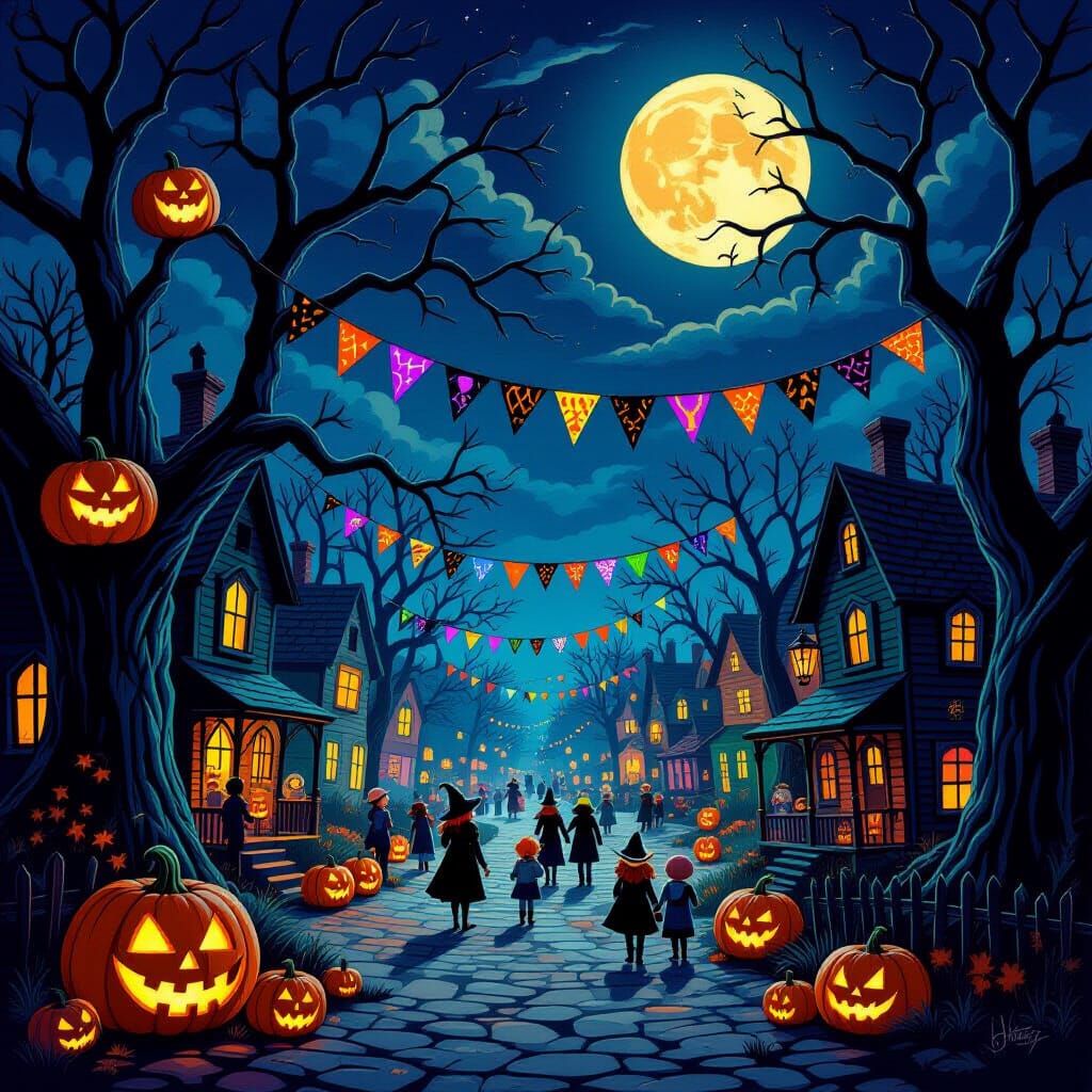 Vibrant Halloween Festival Under Eerie Full Moon