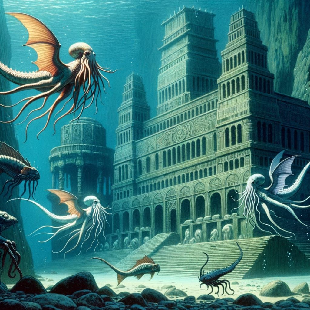 Mystical Aquatic Creatures in Ancient Submerged City
