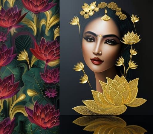 Gold Lotus Flower Cascade in Metallic Illustration