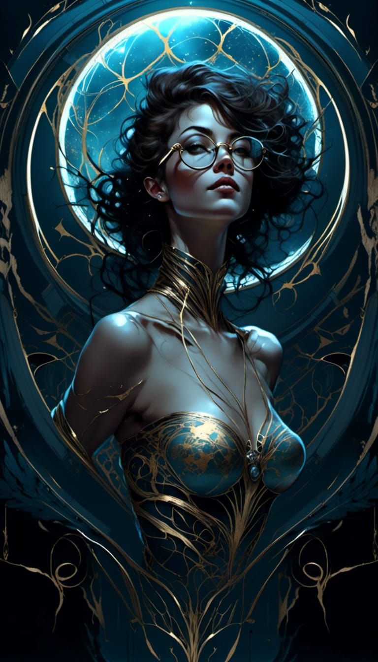 Art Nouveau Cyberpunk Librarian in Metropolitan Library