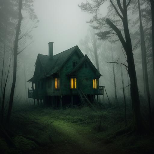 Eerie Abandoned House in Misty Woodland Landscape